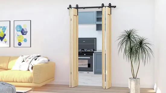 دعامة تثبيت معدنية على الحائط بتصميم Bend للأبواب الخشبية المزدوجة - مجموعة أدوات باب الحظيرة المنزلق ثنائي الطي مع سهولة التركيب